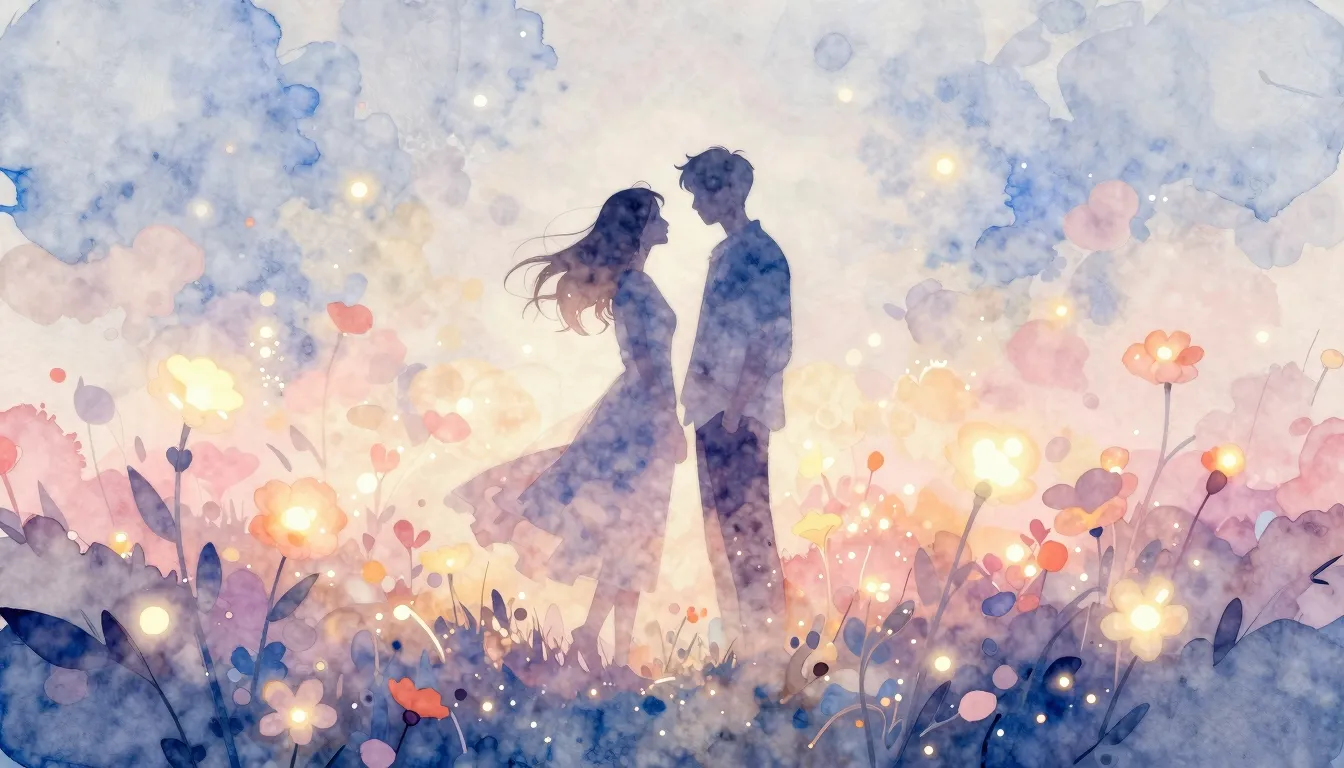 Watercolor style. A silhouette of a couple standing close, a...