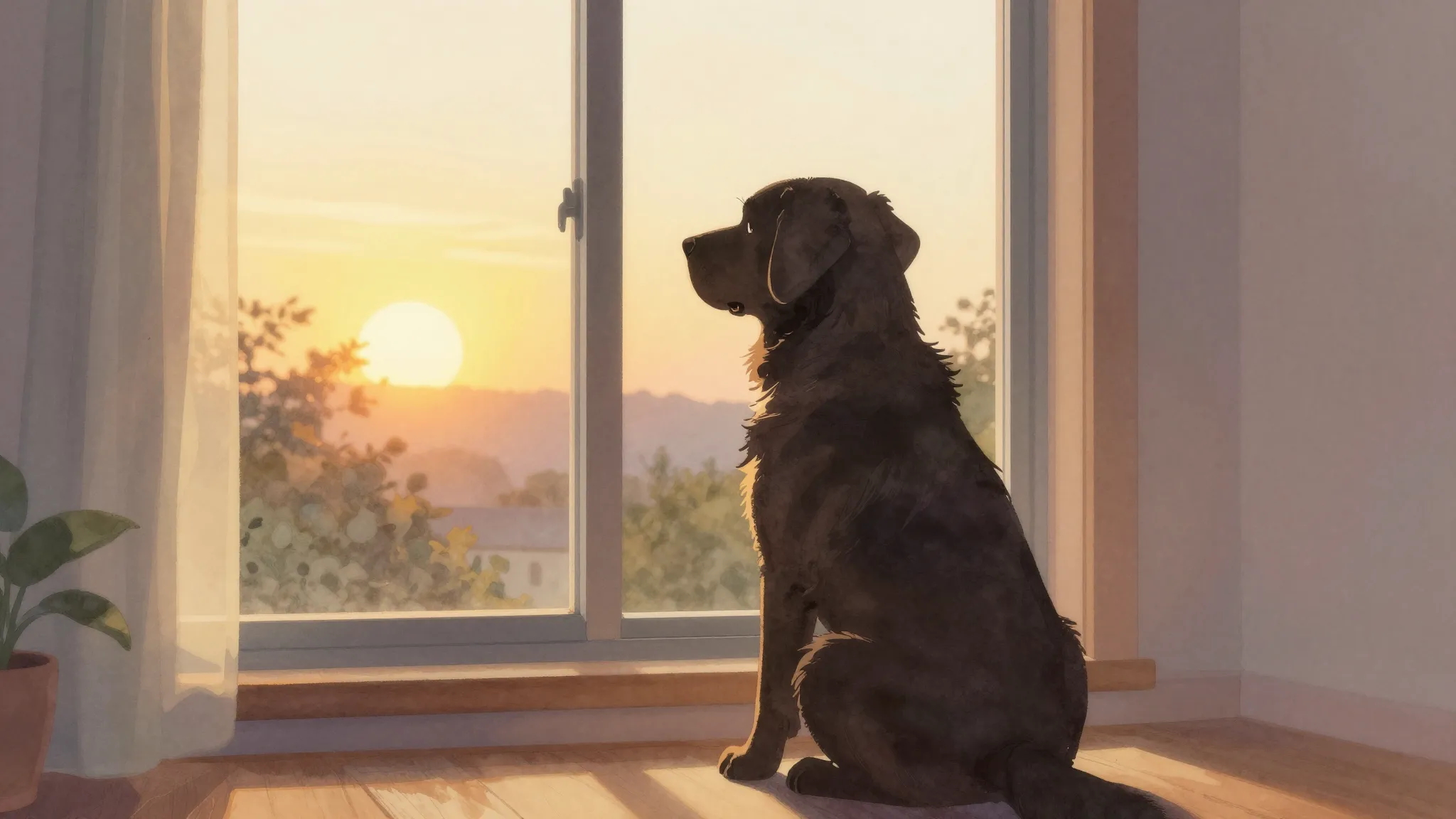 Watercolor style. Silhouette of a large friendly dog sitting...