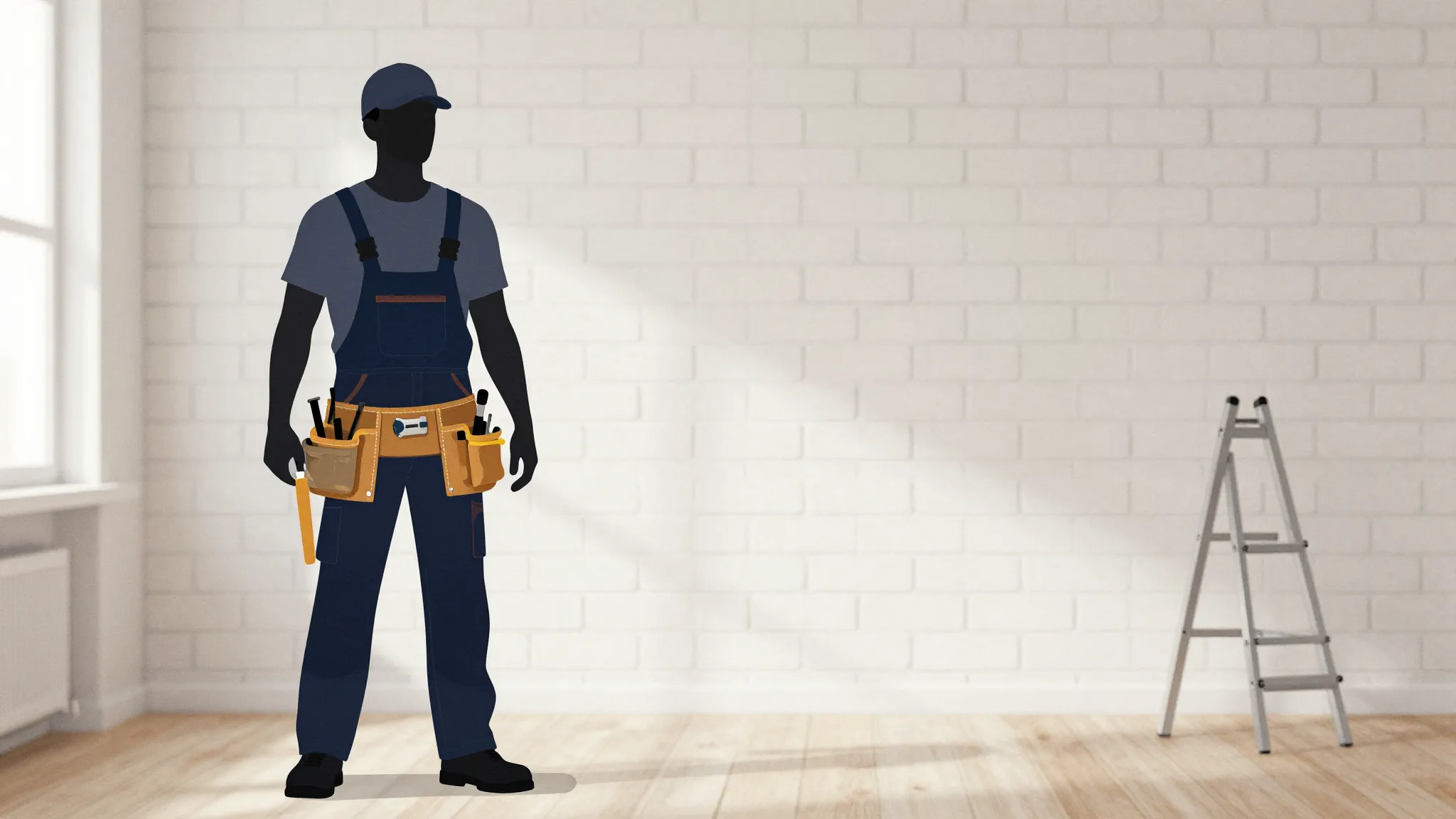 Watercolor style. A silhouette of a handyman wearing a tool ...