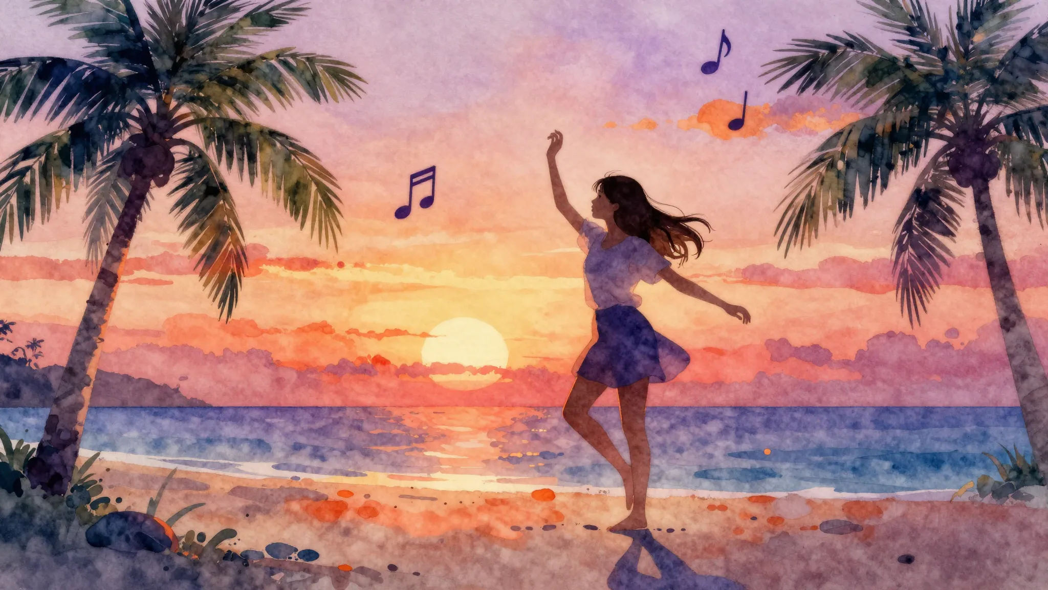 Watercolor style. A silhouette of a teenage girl dancing aga...