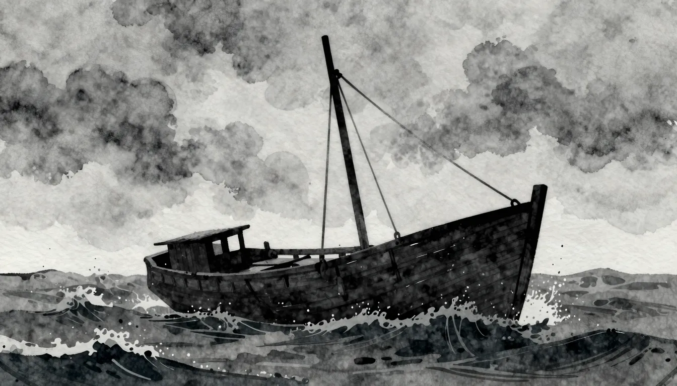 Watercolor style. A dark silhouette of a sinking wooden boat...