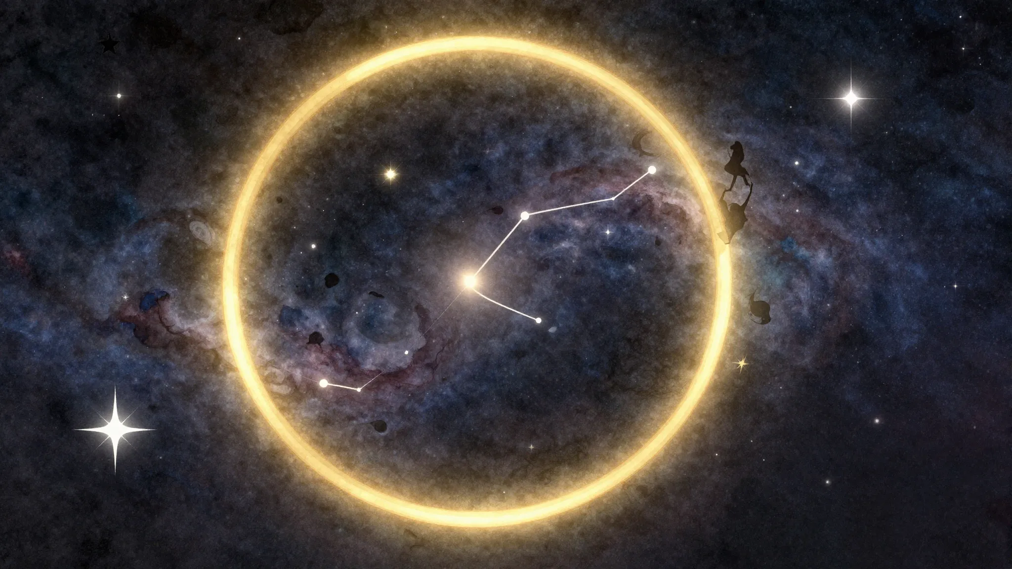 Watercolor style. A glowing golden circle in a dark cosmic v...