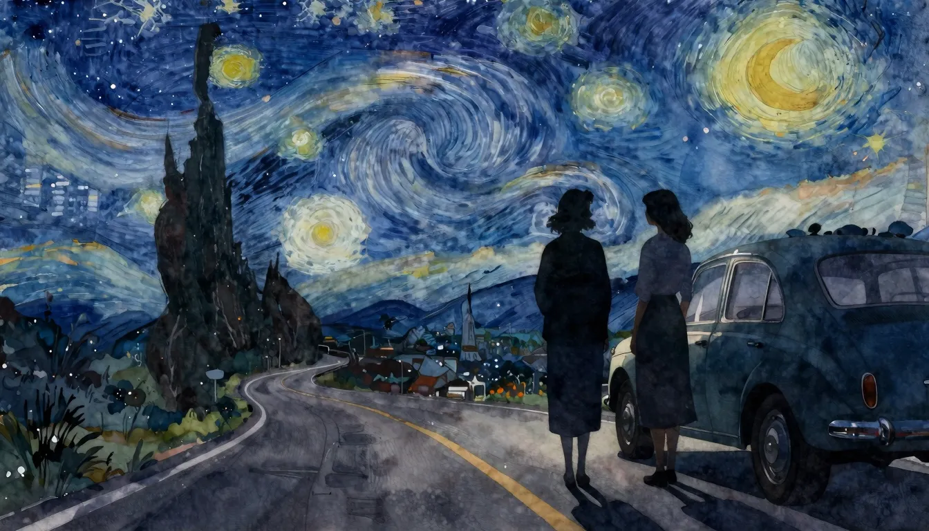 Watercolor style. Two female silhouettes stand on a winding ...