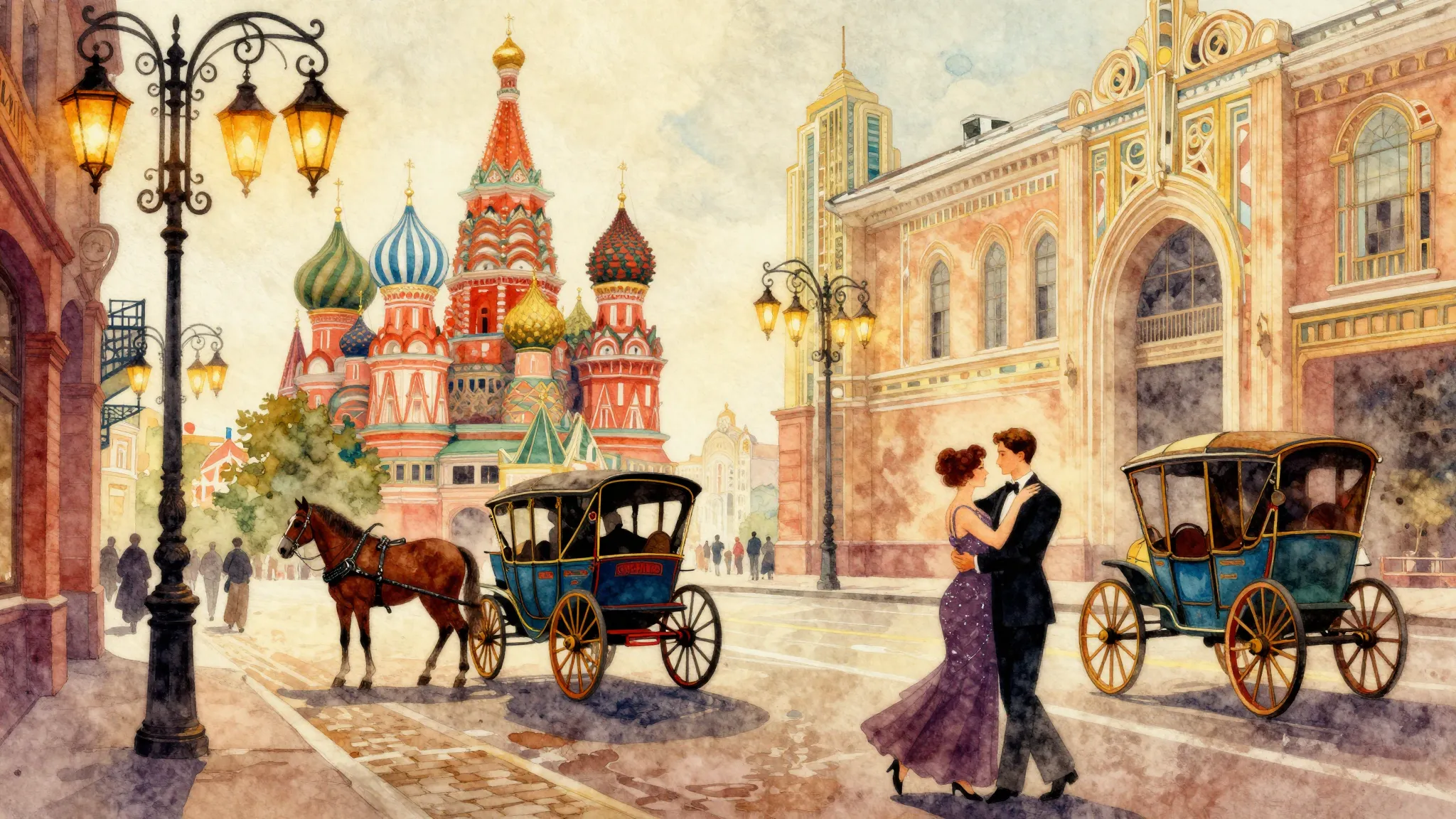 Vibrant watercolor style. 1920s Moscow, a vibrant street sce...