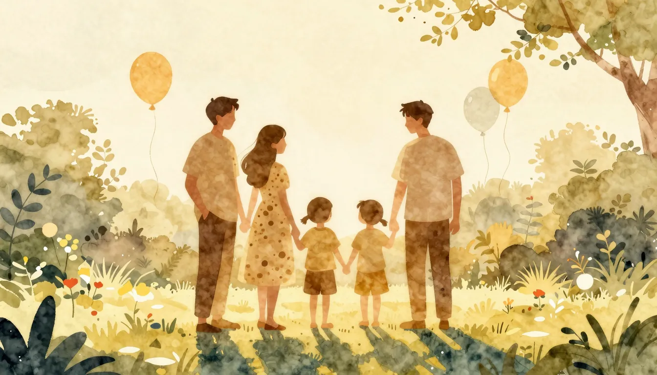 Watercolor style. A silhouette of a large happy family stand...