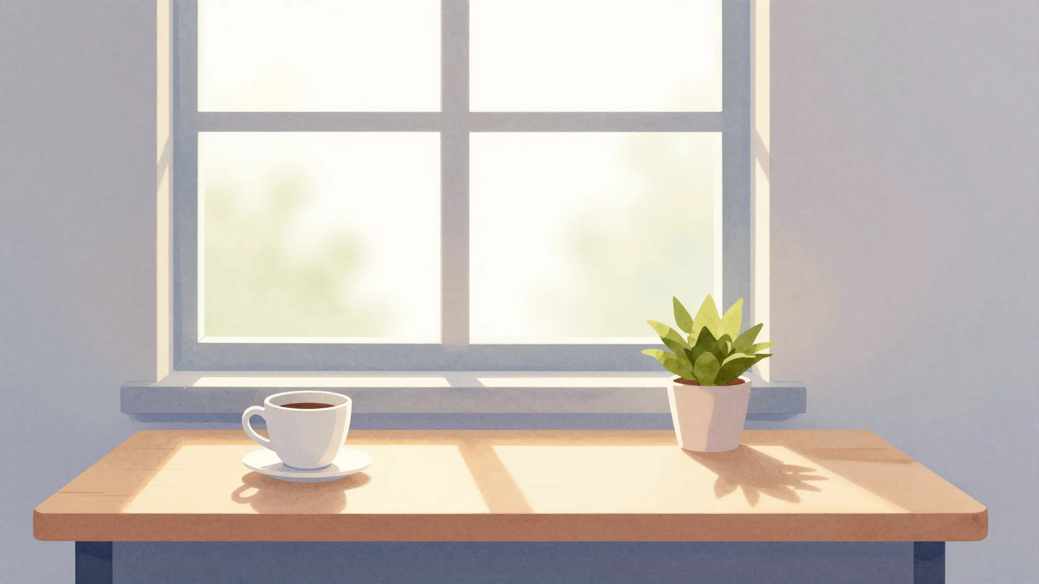 Watercolor style. A bright morning sun shining through a win...