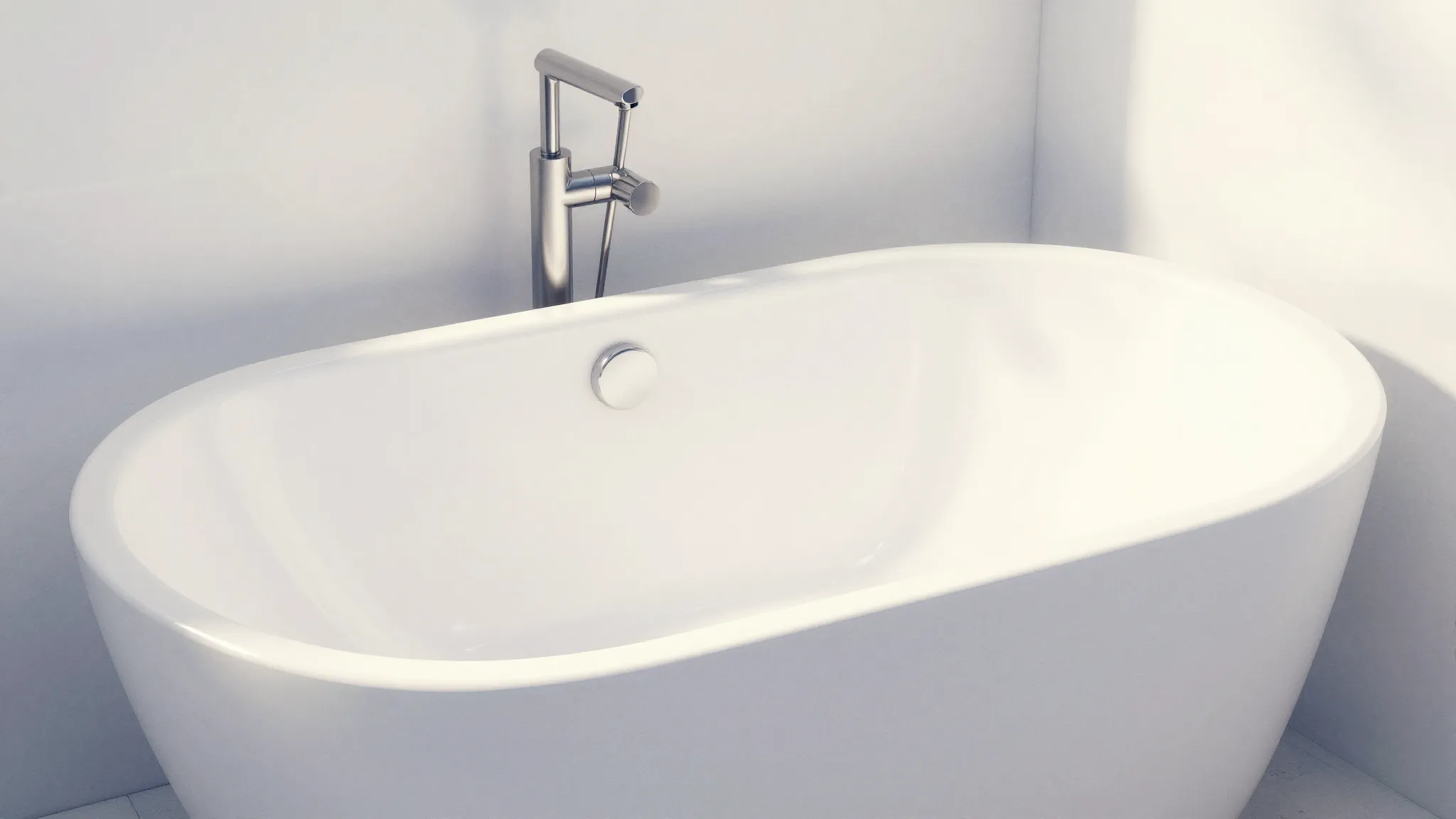 Watercolor style. A sparkling clean, snow-white bathtub in a...