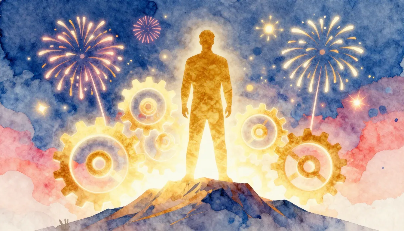 Watercolor style. A golden silhouette of a leader standing o...