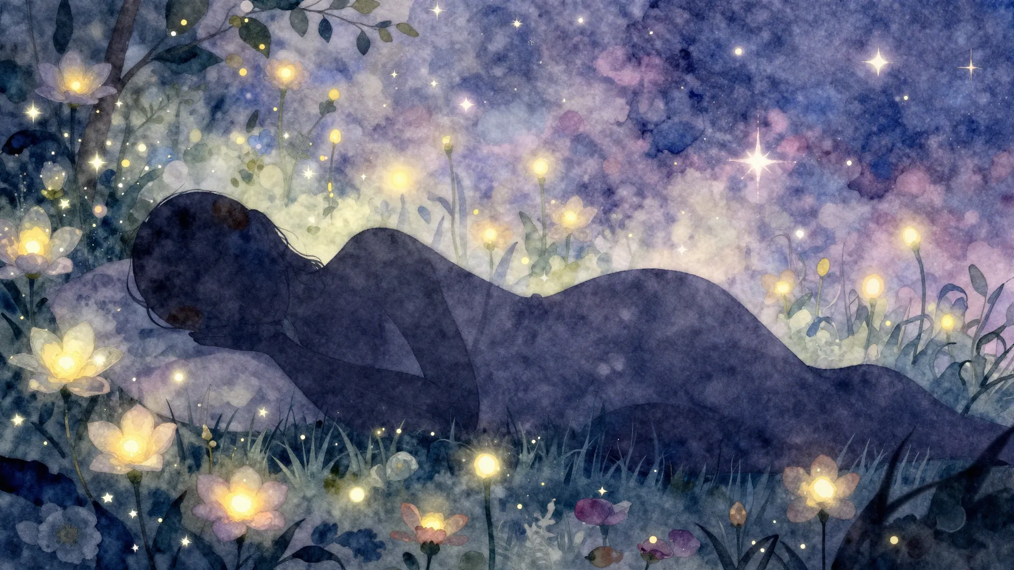Watercolor style. Silhouette of a person sleeping peacefully...