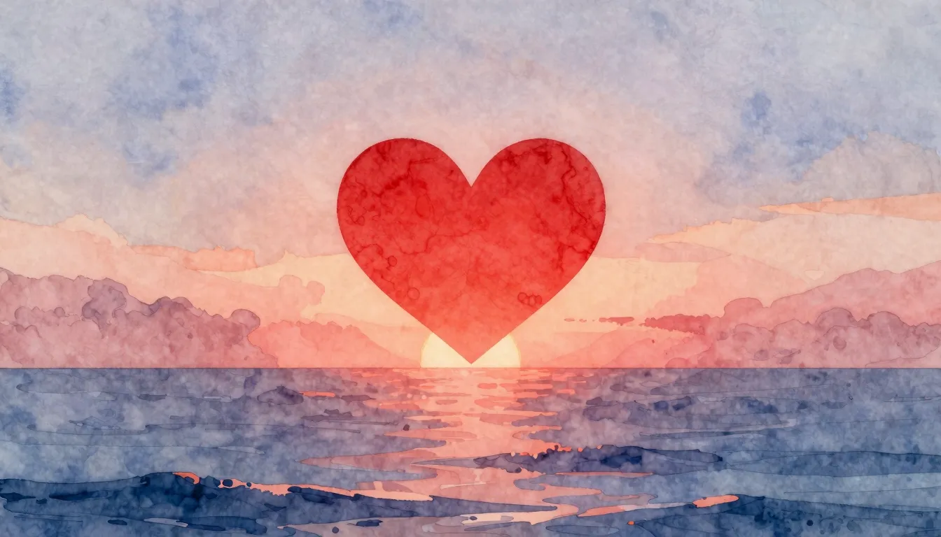 Watercolor style. A glowing red heart silhouette floating ab...