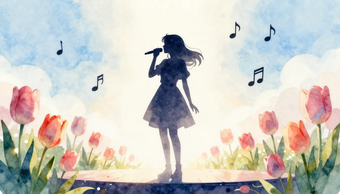 Watercolor style. Silhouette of a girl singing on a stage, s...