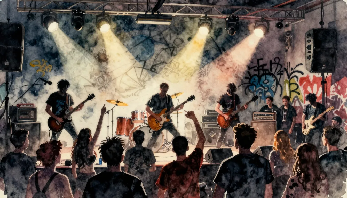 Watercolor style. A chaotic concert scene, silhouettes of a ...