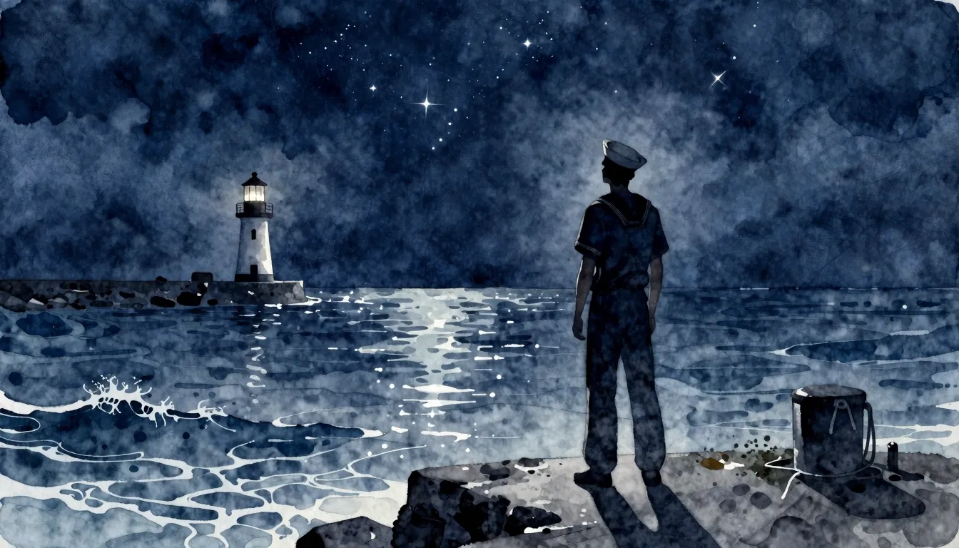 Watercolor style. A silhouette of a lonely sailor standing o...