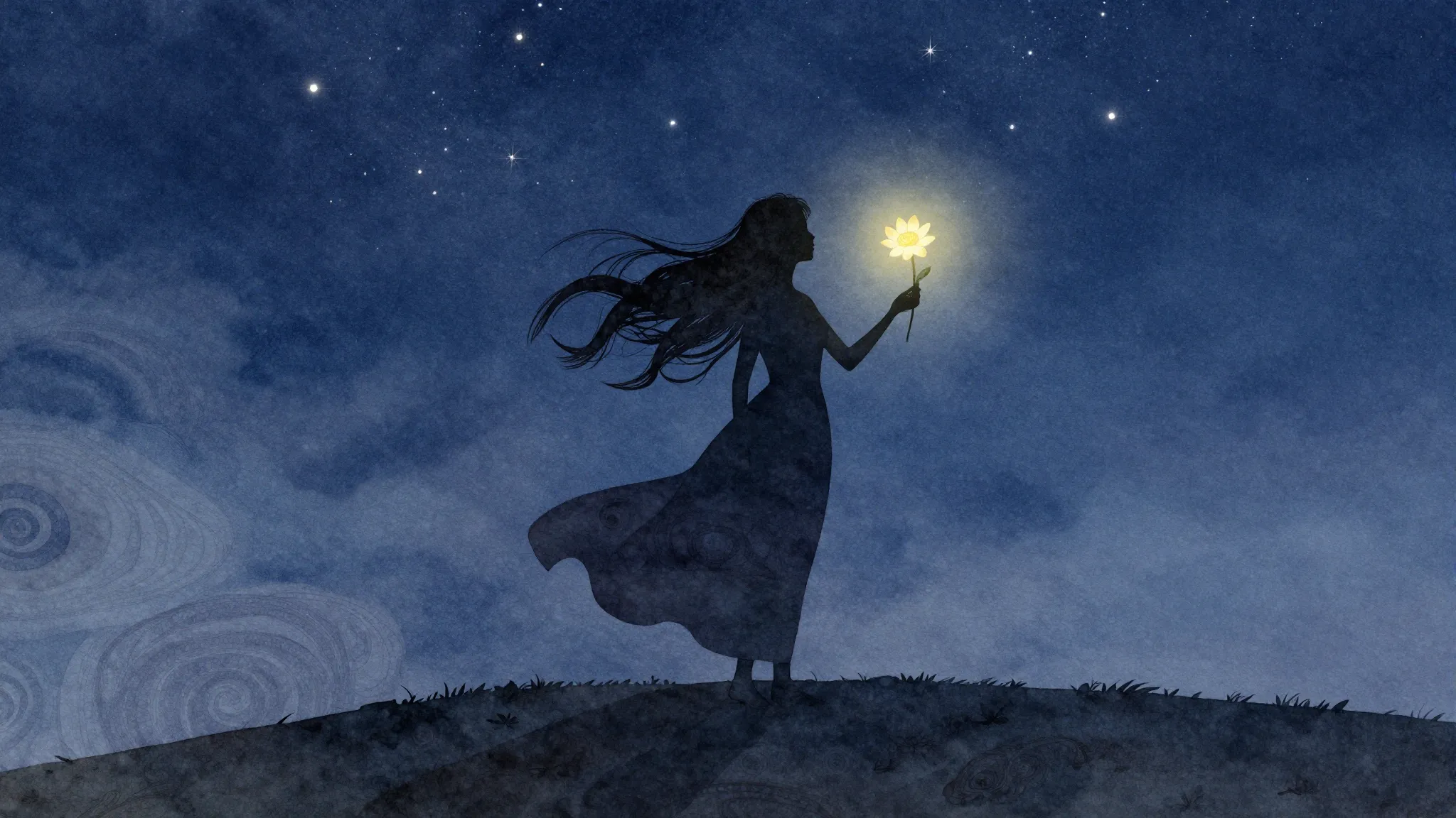 Watercolor style. A silhouette of a woman with long flowing ...