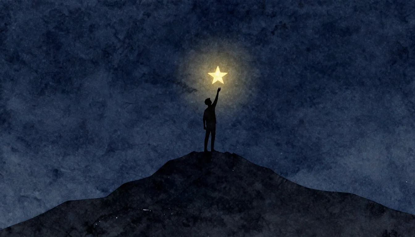 Watercolor style. Silhouette of a person standing on a high ...
