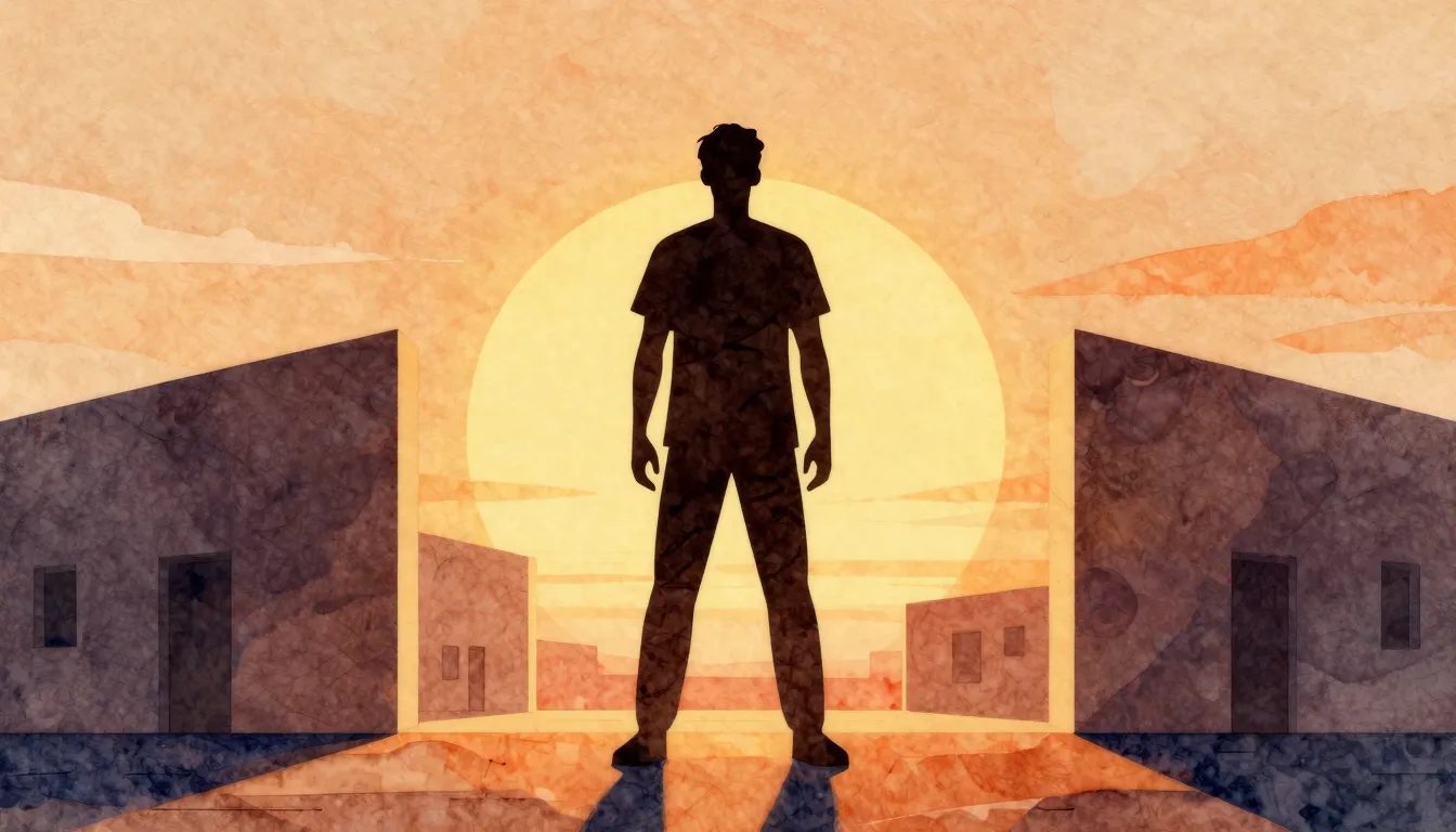 Watercolor style. A silhouette of a man standing proudly in ...