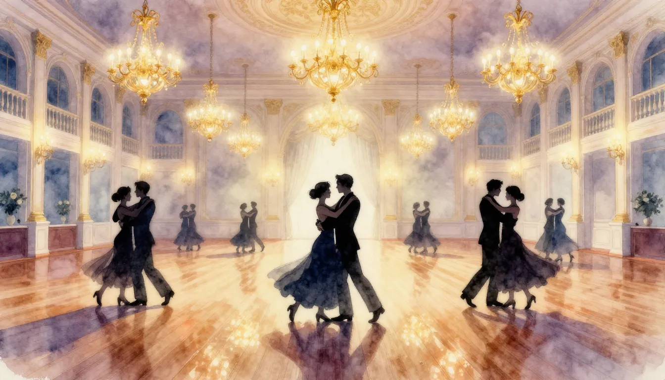 Watercolor style. A grand ballroom with a polished wooden fl...