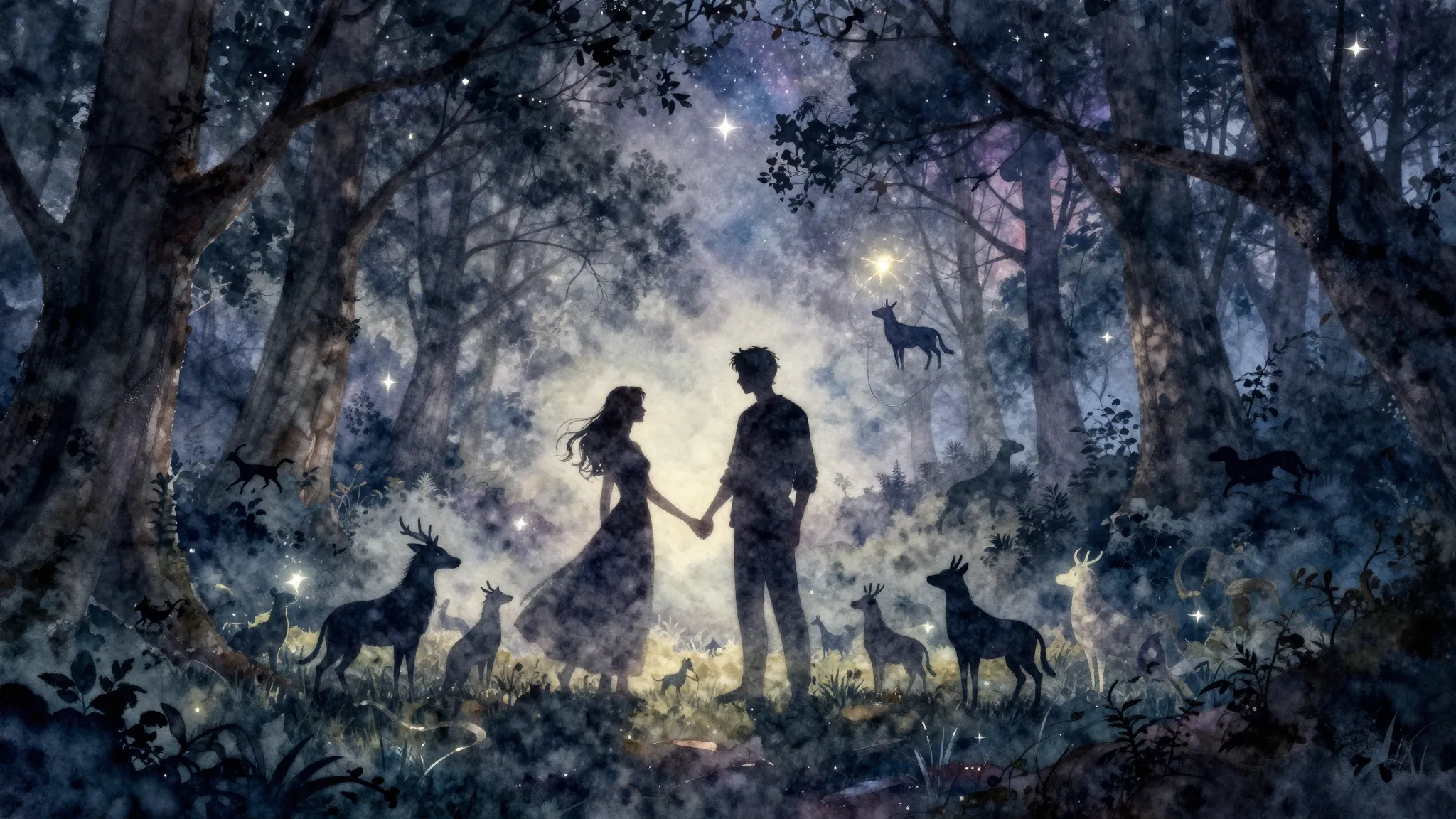 Watercolor style. Mystical dark forest border, silhouette of...