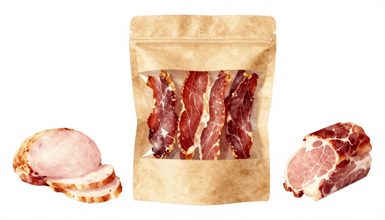 Watercolor style. Minimalist composition of dried meat strip...