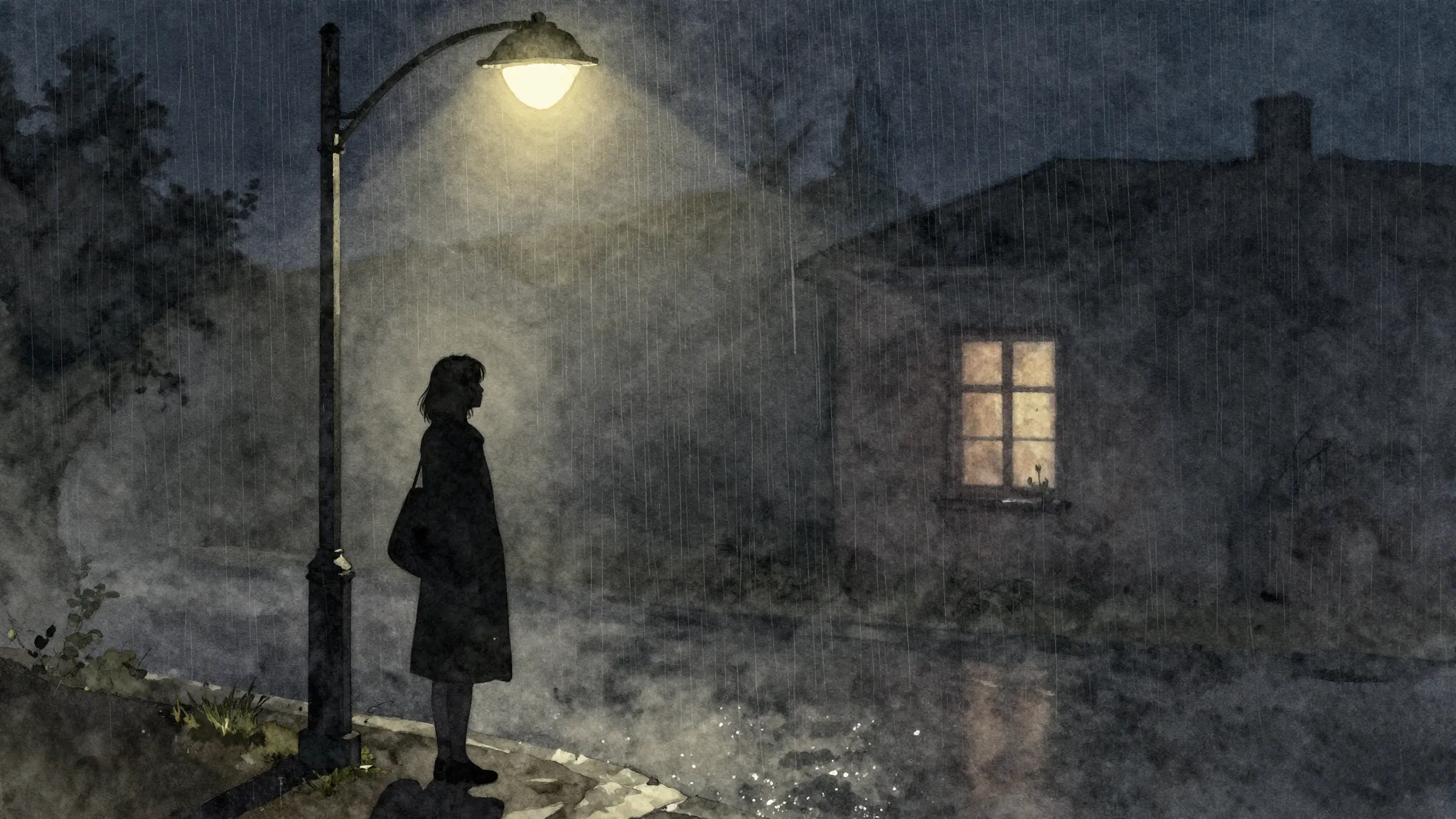 Watercolor style. A silhouette of a woman standing alone und...