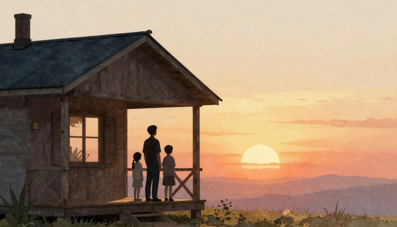 Watercolor style. Silhouette of a family standing on a porch...