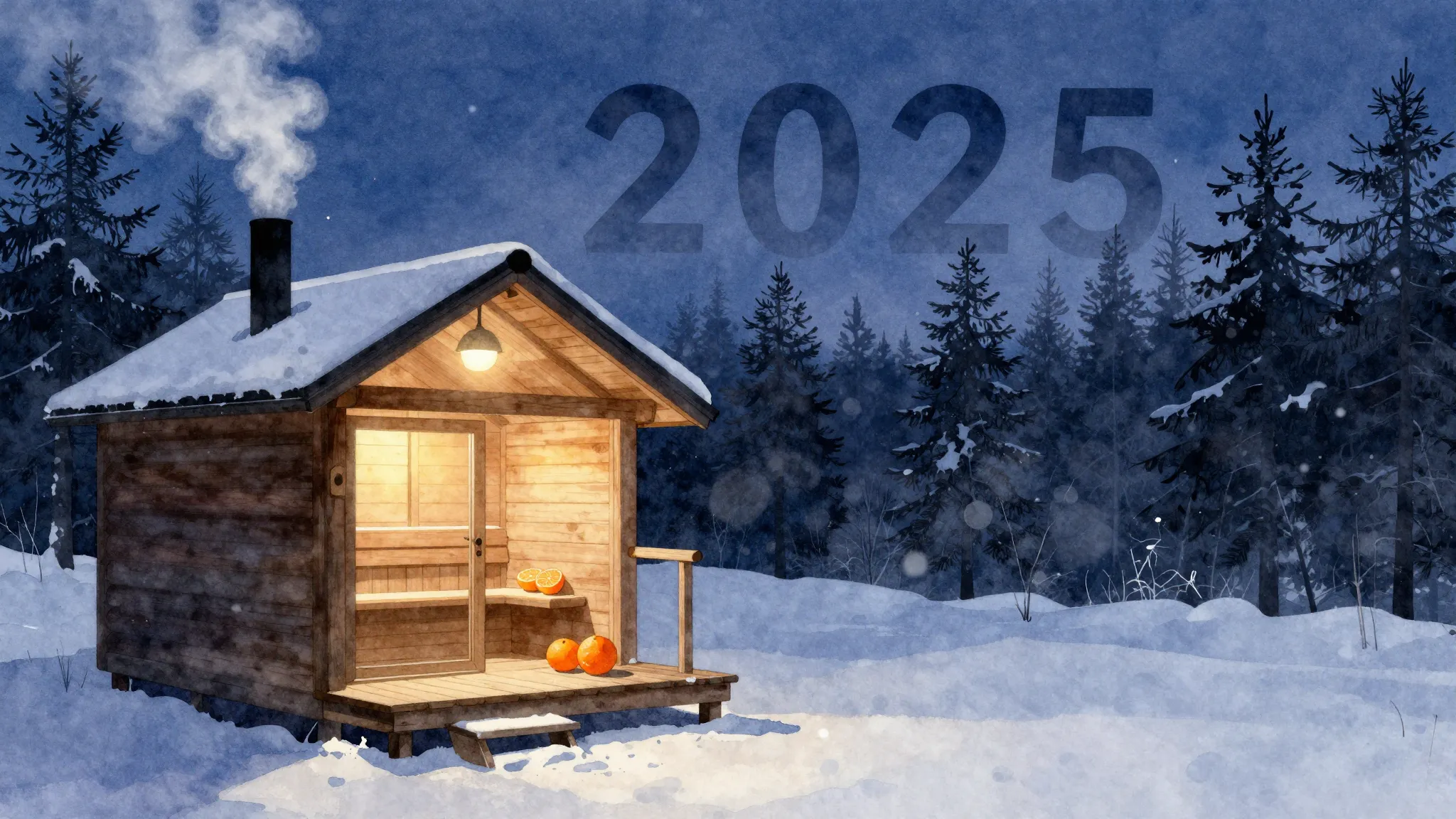 Watercolor style. Silhouette of a wooden sauna cabin in a sn...
