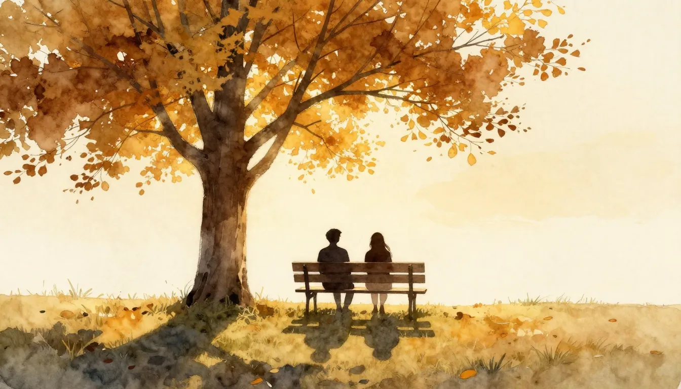 Watercolor style. A silhouette of two figures sitting on a w...