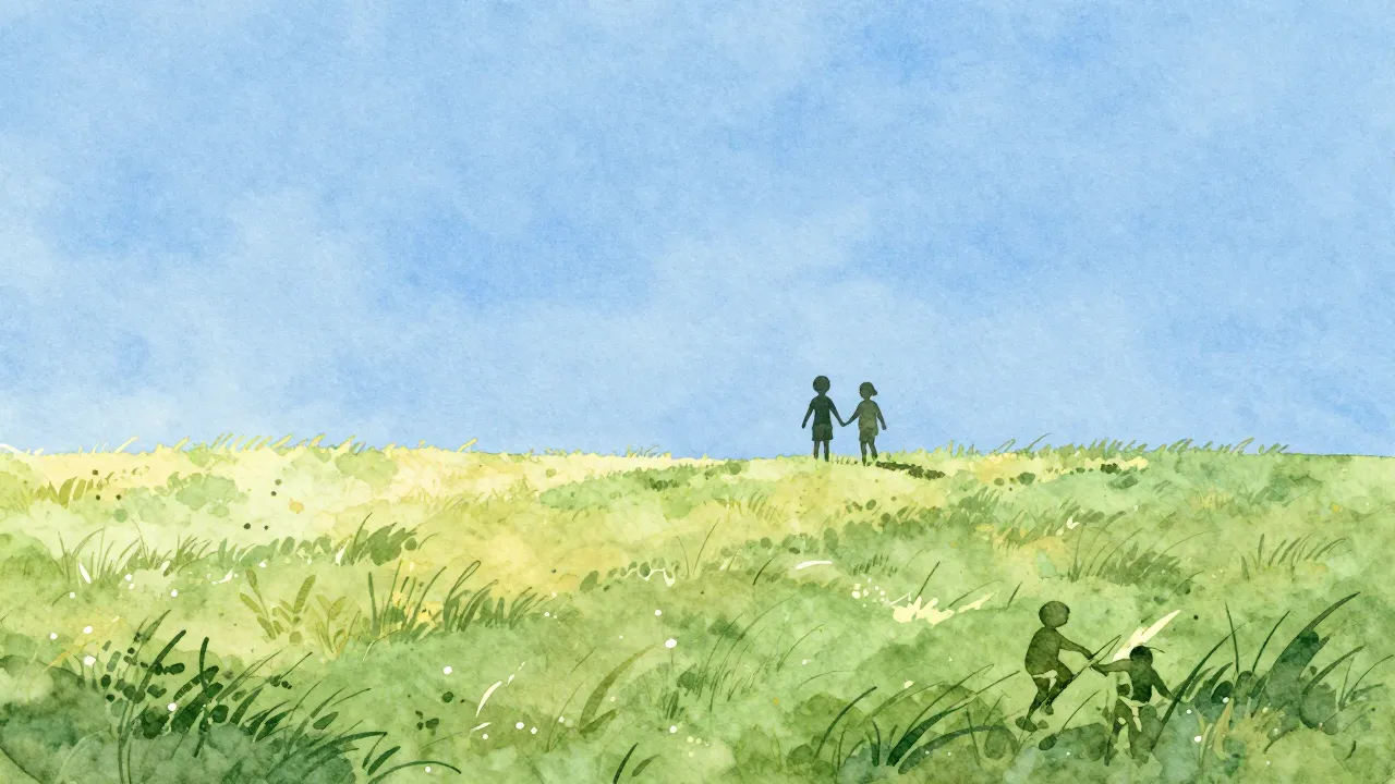 Watercolor style. A peaceful clear blue sky over a green mea...