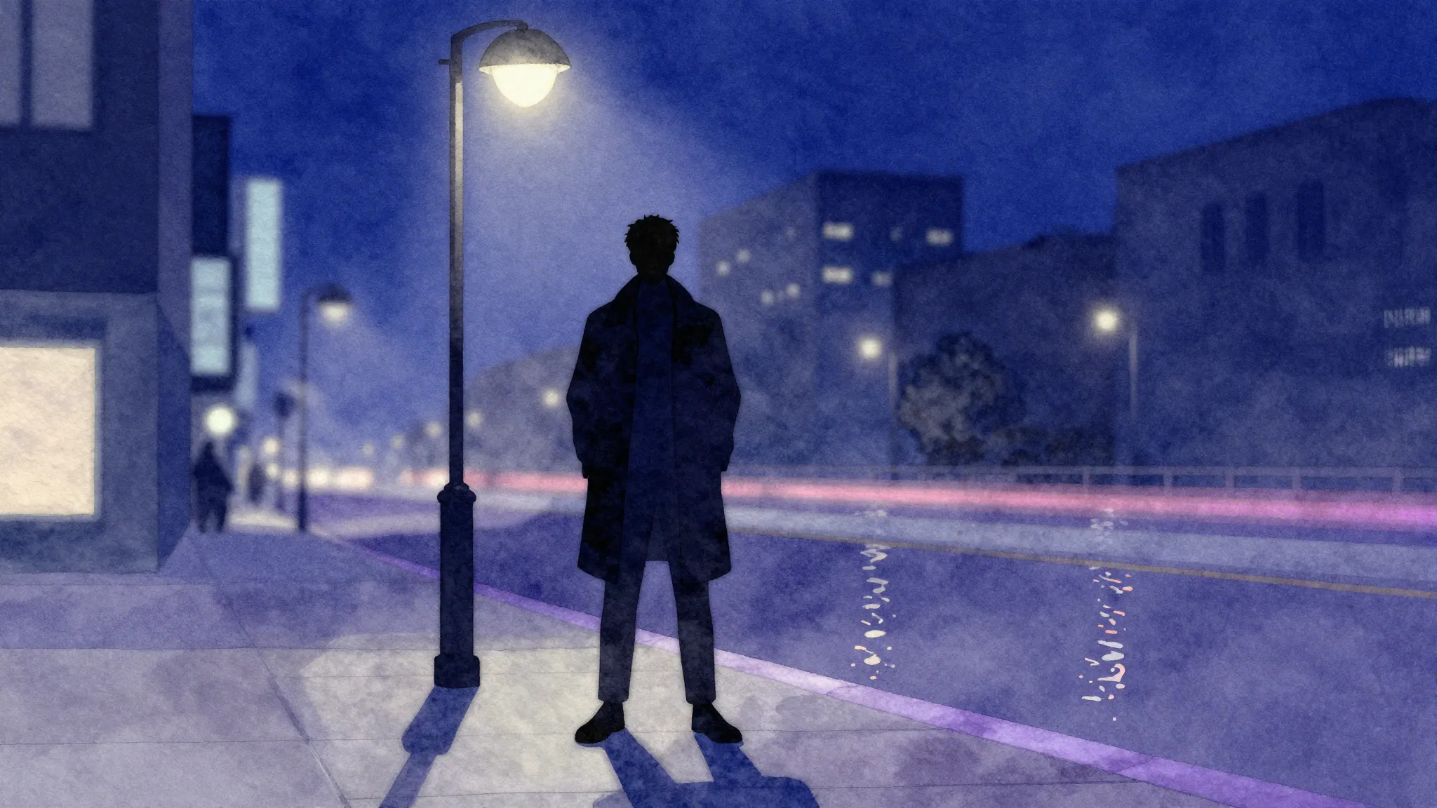 Watercolor style. A silhouette of a stylish man standing und...