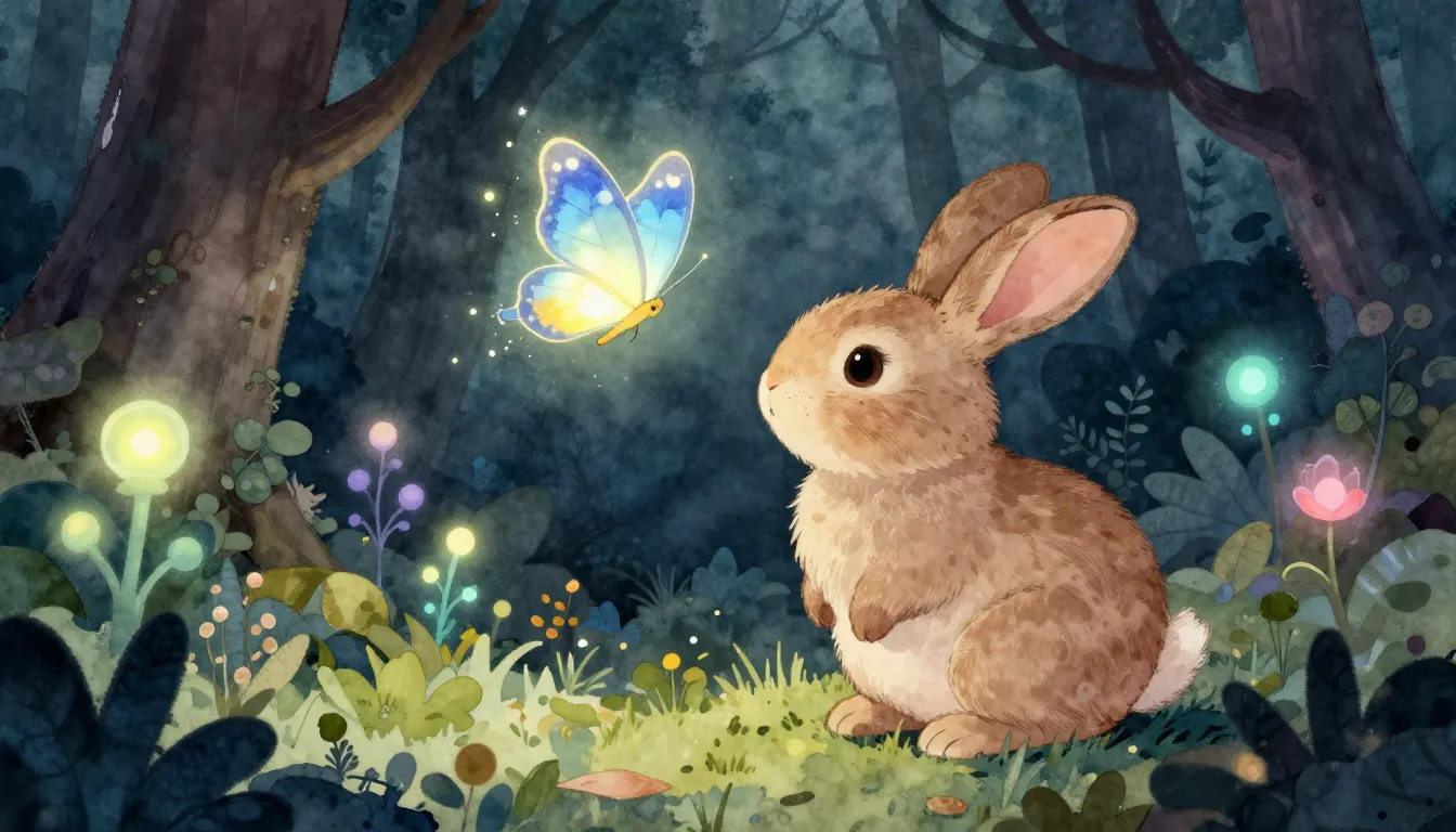 Watercolor style. Small rabbit looking at a glowing magical ...