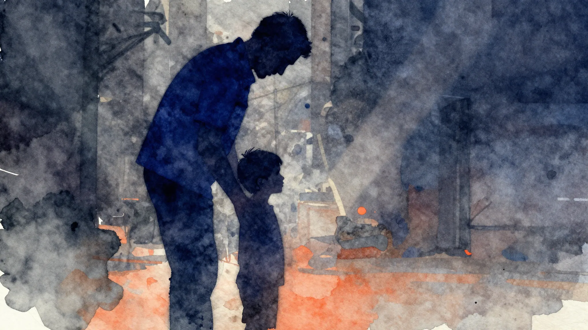 Vibrant watercolor style. Rap album cover: father-son bond, ...
