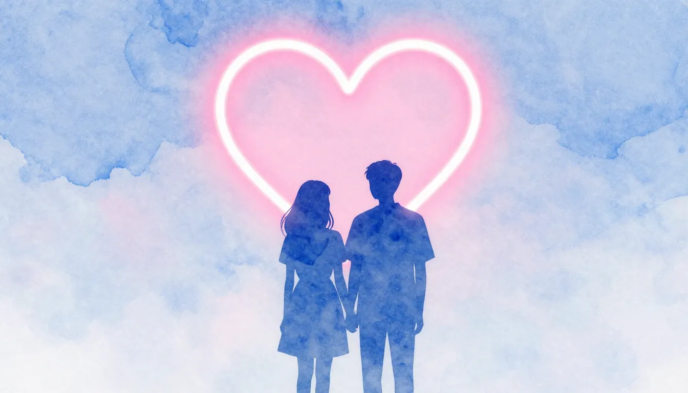 Watercolor style. A silhouette of two figures standing close...