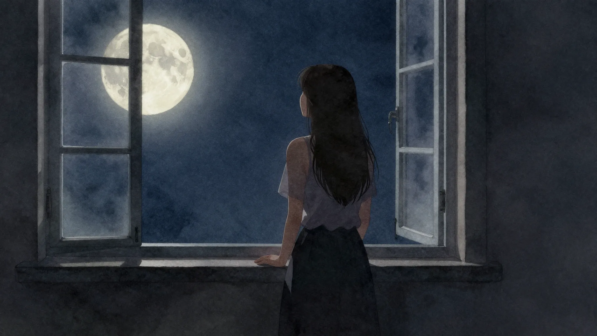 Watercolor style. A lonely female silhouette standing by a w...