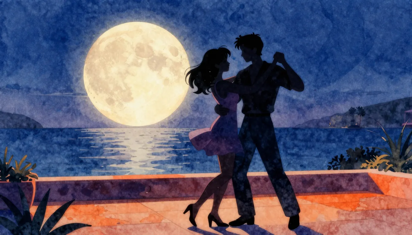 Watercolor style. Silhouette of a couple dancing on a terrac...
