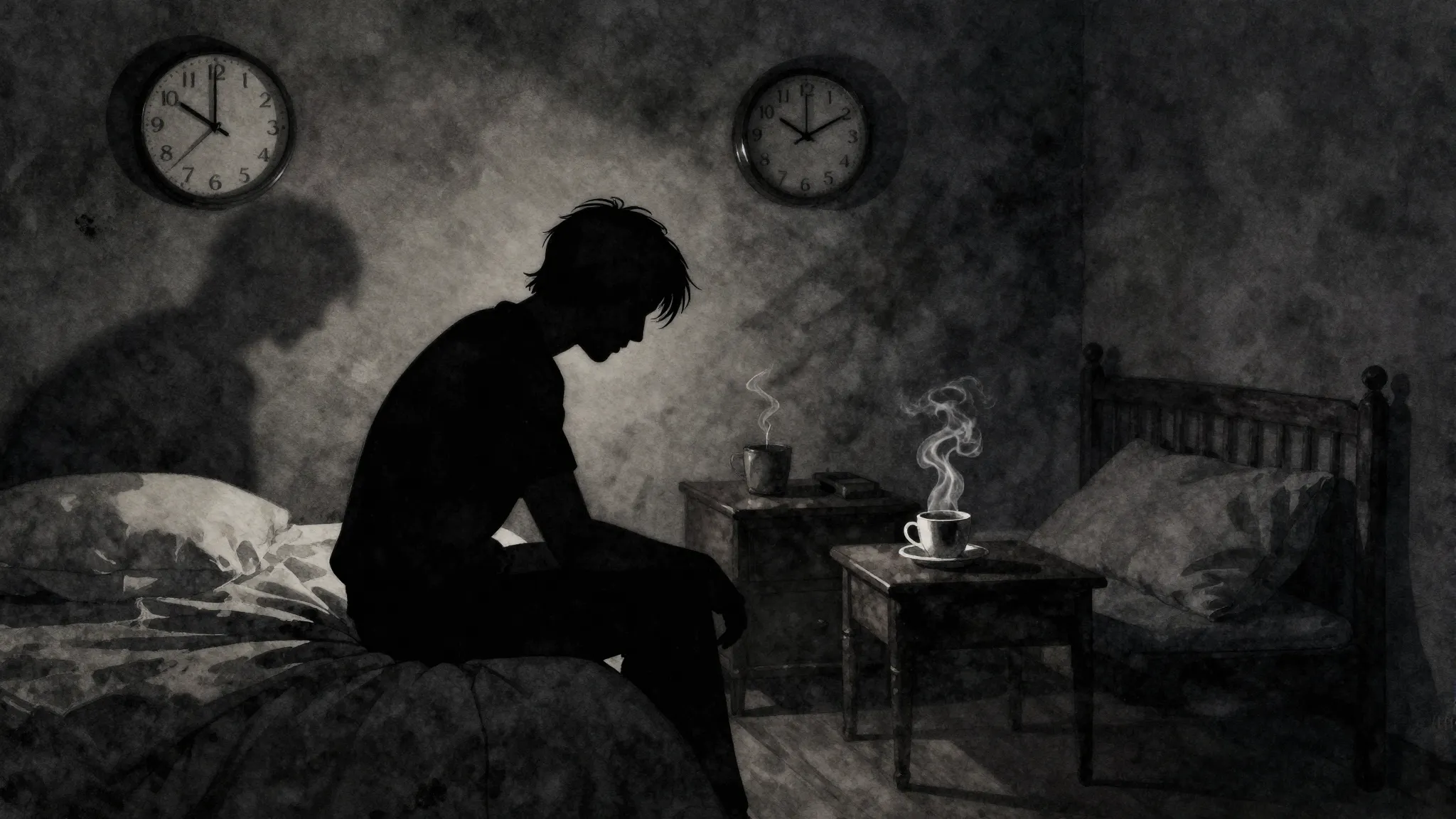 Watercolor style. A dark moody room with a silhouette sittin...