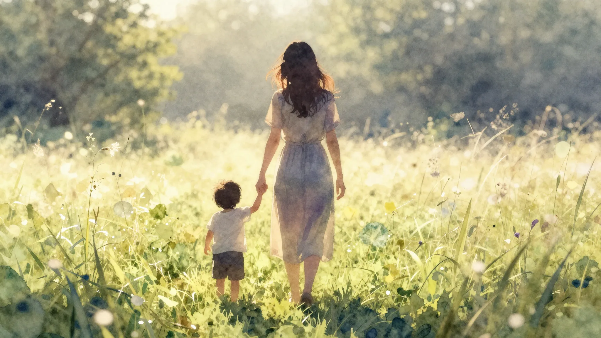 Watercolor style. Silhouette of a mother and a small child h...