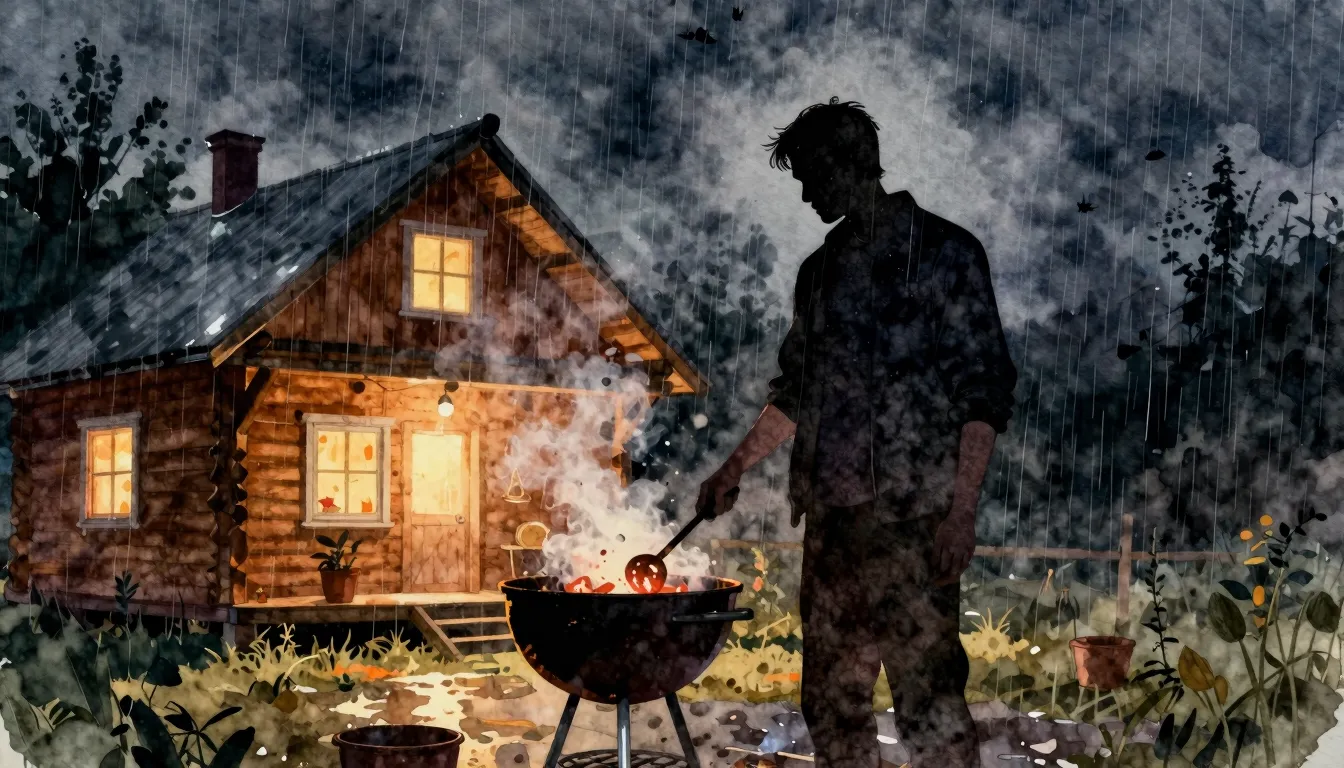 Watercolor style. A silhouette of a man standing by a smokin...
