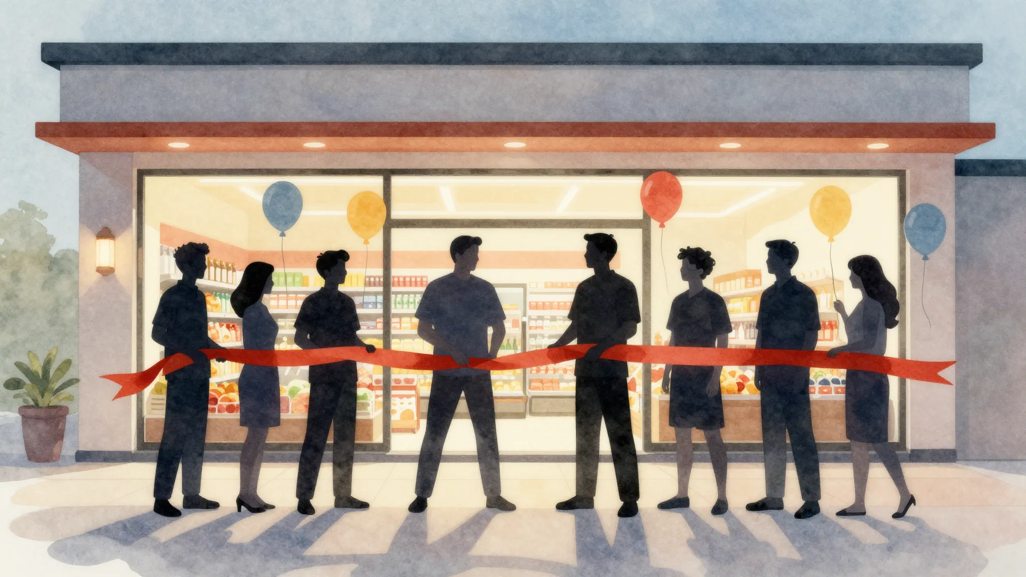 Watercolor style. Silhouette of a happy team cutting a ribbo...