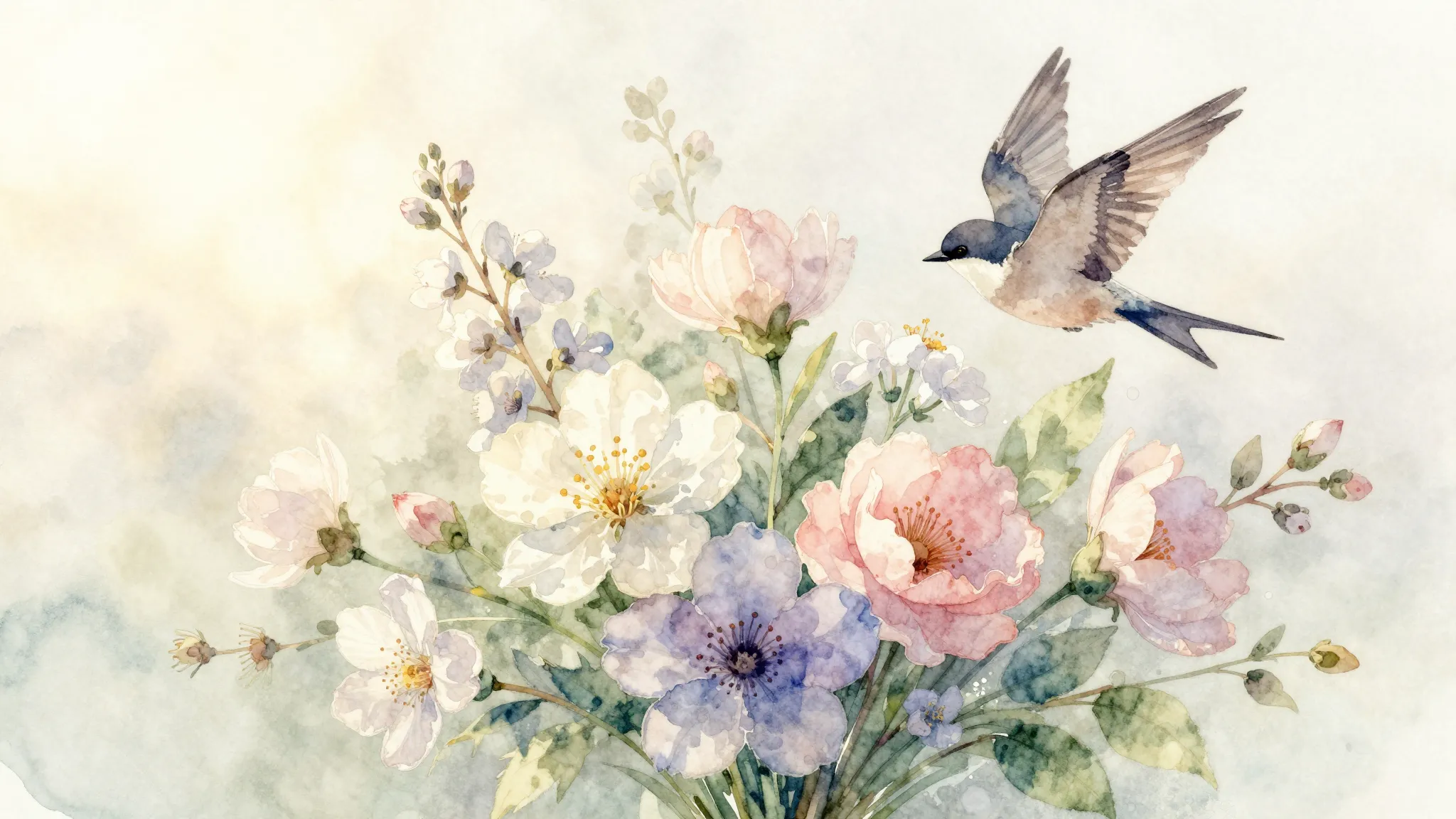 Watercolor style. A beautiful bouquet of delicate spring flo...