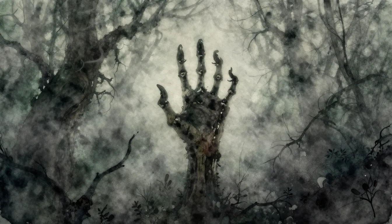 Vibrant watercolor style. Folk horror album cover. Gloomy, e...