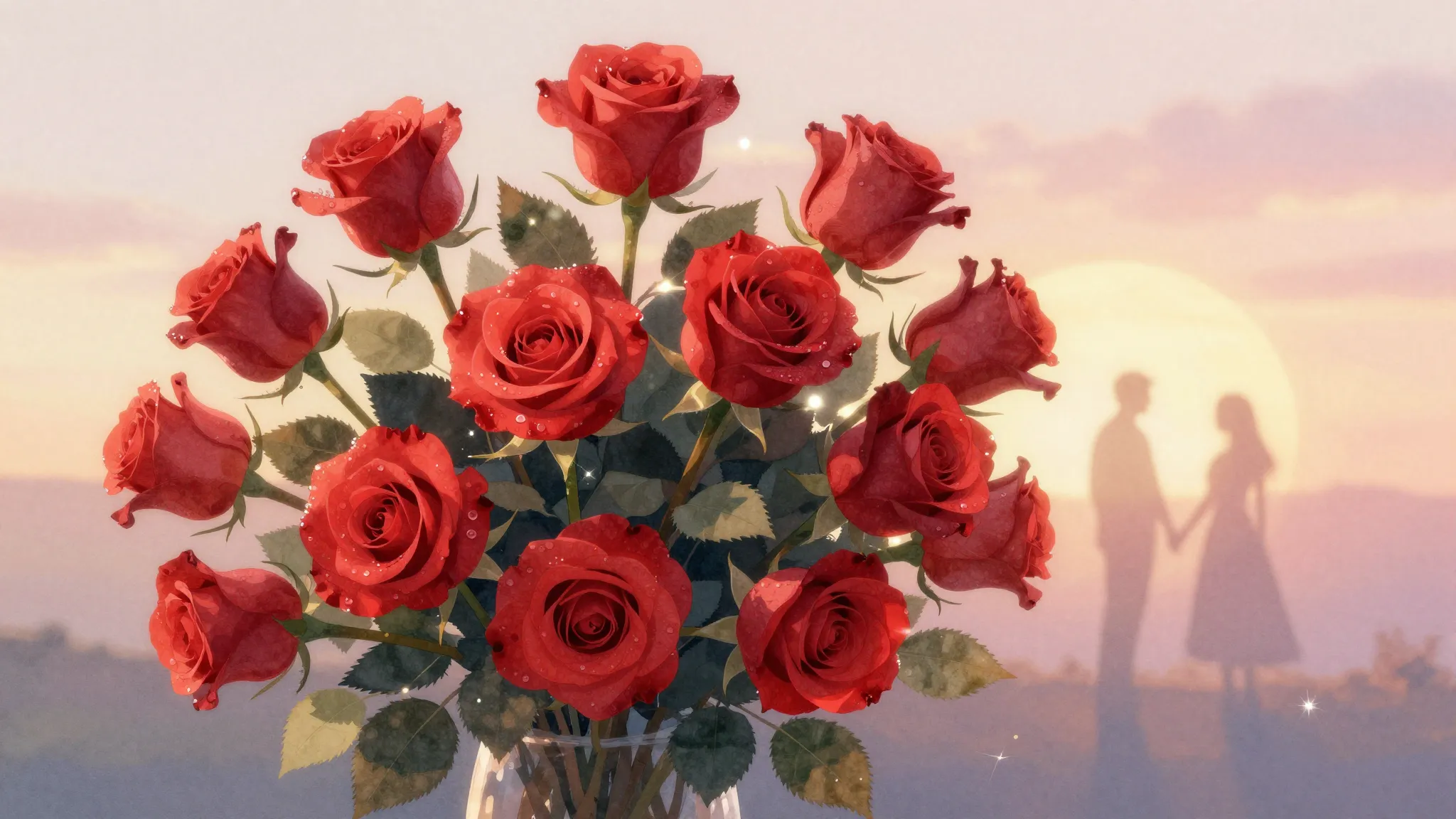 Watercolor style. A huge bouquet of scarlet roses glowing in...