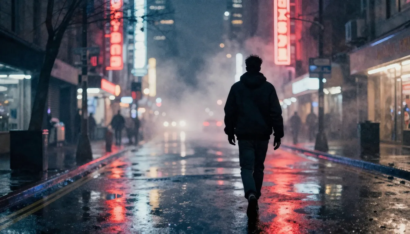 Watercolor style. Urban night city street, neon lights refle...