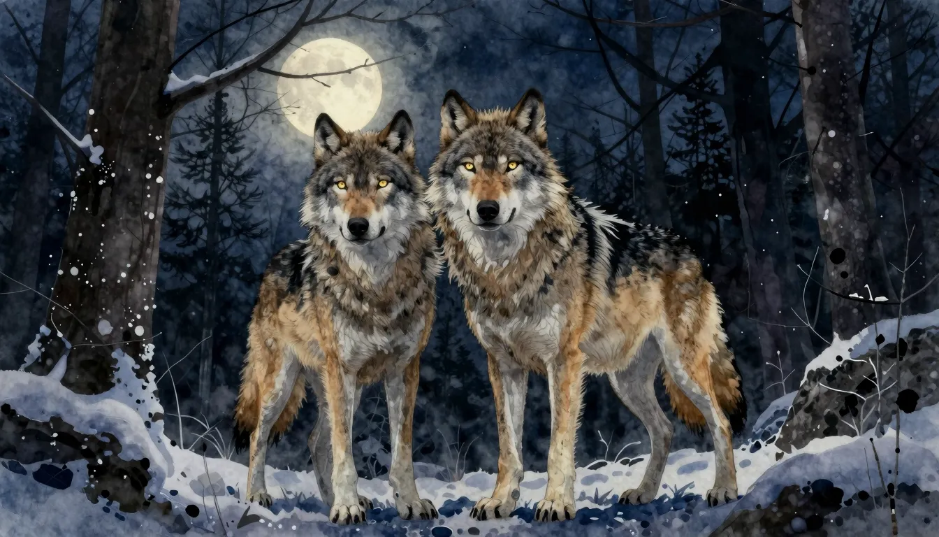 Watercolor style. Two majestic wolves standing together in a...