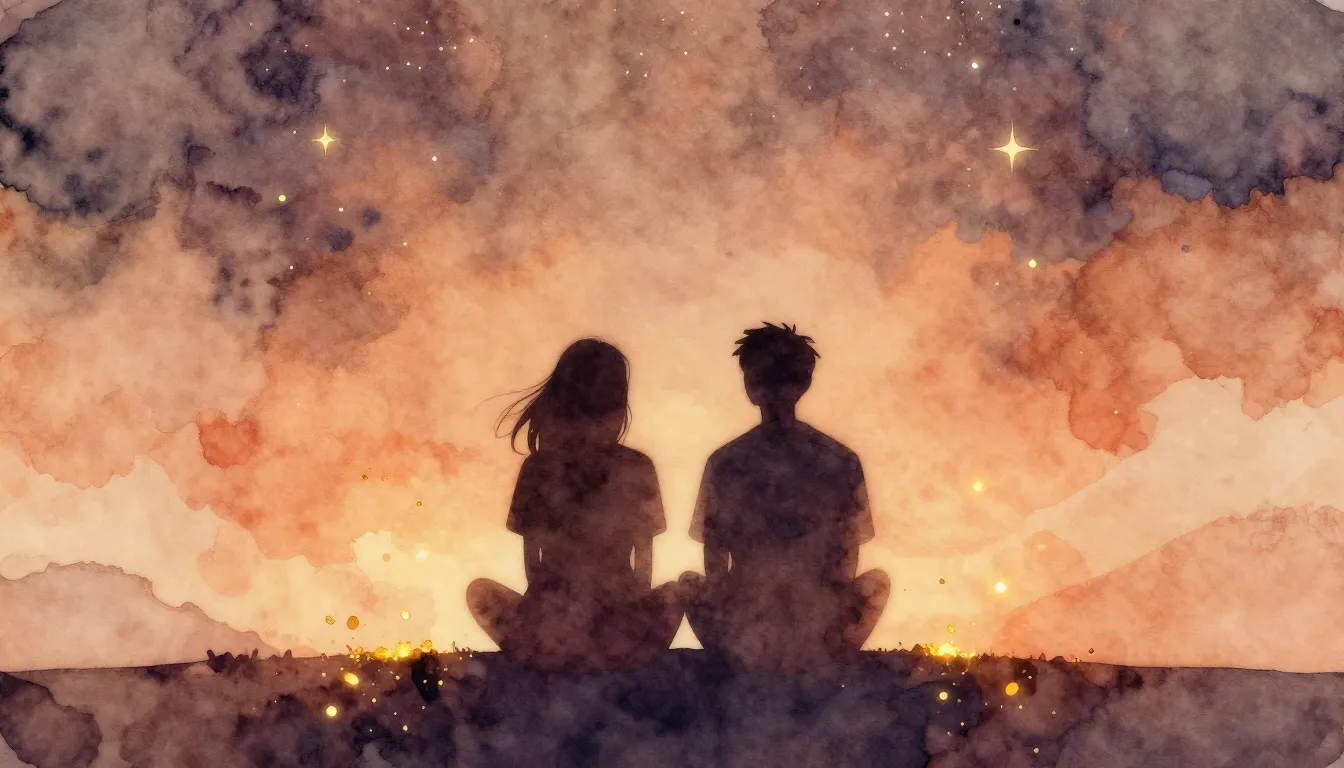 Watercolor style. Abstract warm background with two dark sil...