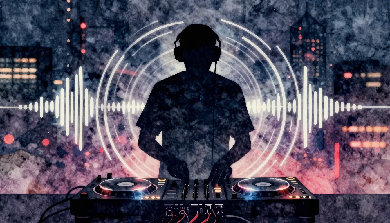Watercolor style. A silhouette of a DJ at a turntable, with ...