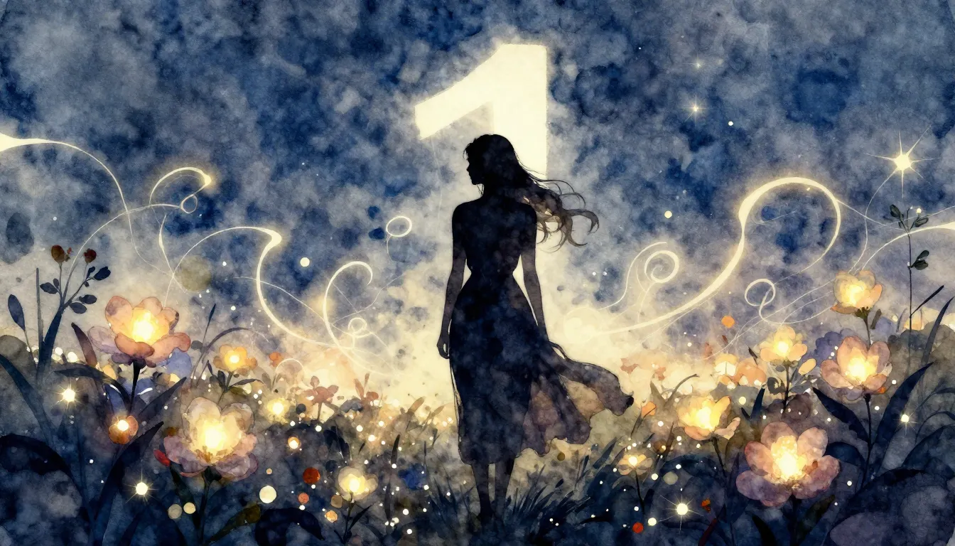 Watercolor style. A dark silhouette of a woman standing in a...
