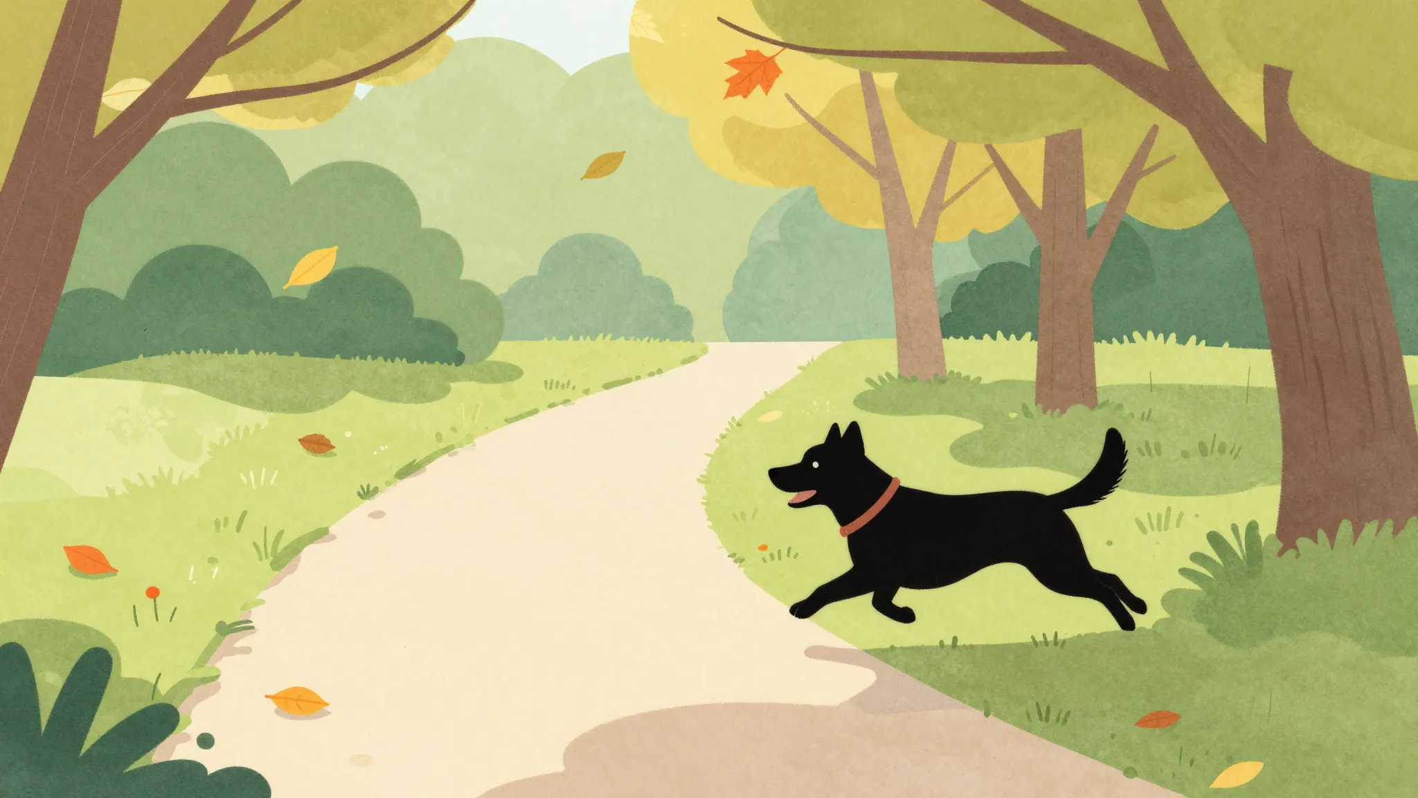 Watercolor style. A stylized illustration of a park path wit...