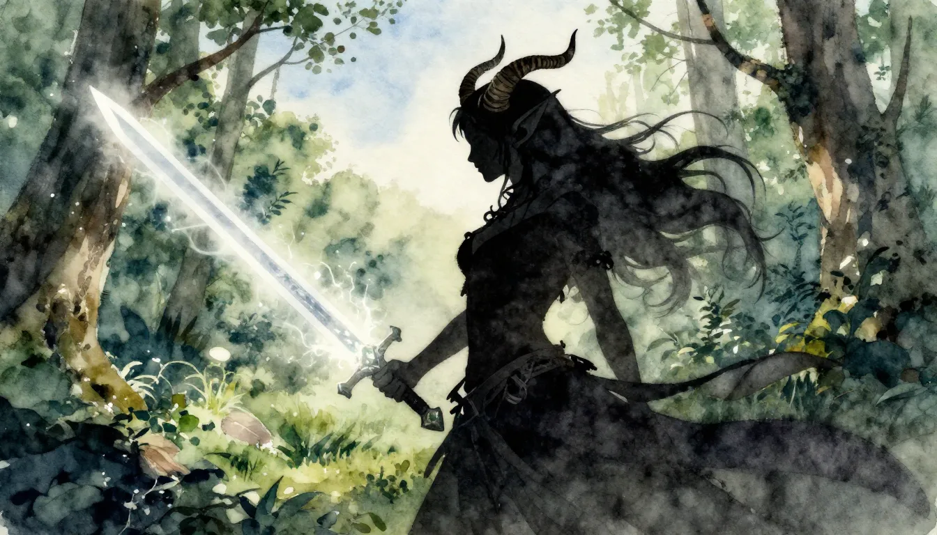 Watercolor style. Silhouette of a tiefling with elegant horn...