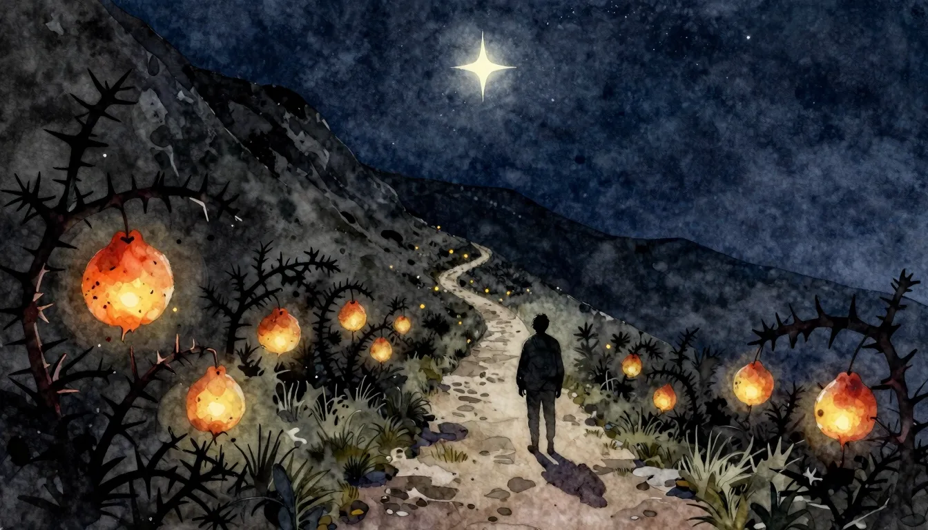 Watercolor style. A narrow, winding, steep path leading up a...