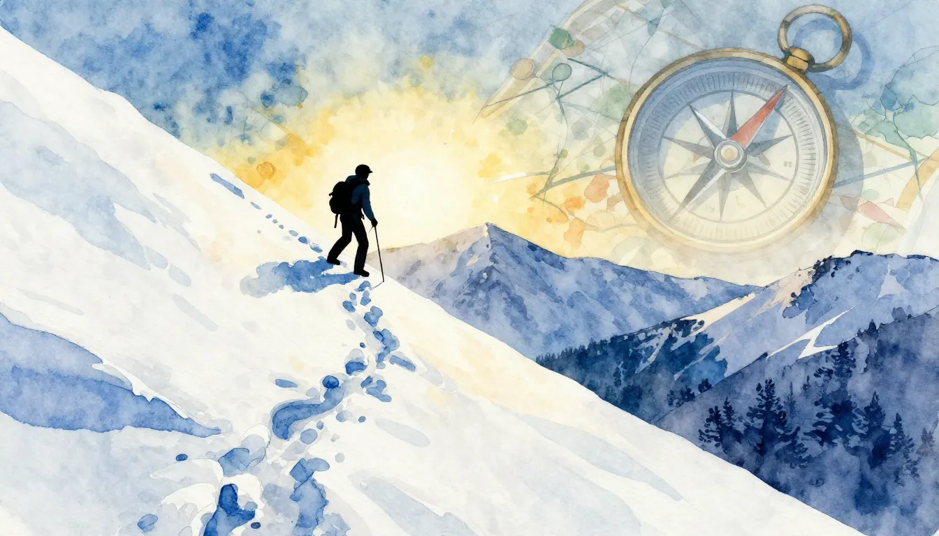 Vibrant watercolor style. A lone figure's silhouette climbin...